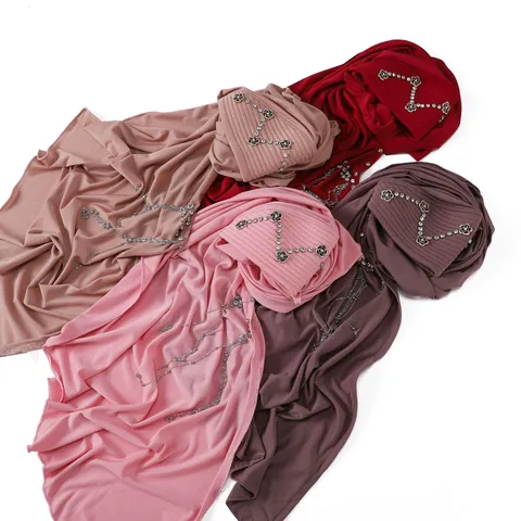 Women Fashion Solid Color Turban Headscarf Camellia Rhinestone Tassel Chain Elegant Muslim Headwear Soft Daily Cap