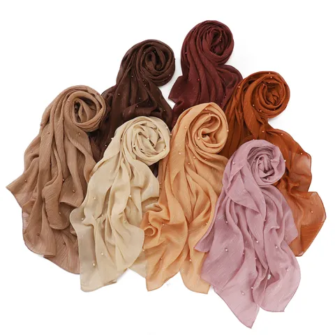 Women's Solid Color Chiffon Long Scarf Elegant Pearl Beaded Silver Wire Shawl Lightweight Sun Protection Beach Headscarf