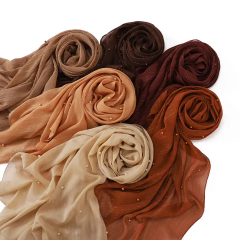 Women's Solid Color Chiffon Long Scarf Elegant Pearl Beaded Silver Wire Shawl Lightweight Sun Protection Beach Headscarf