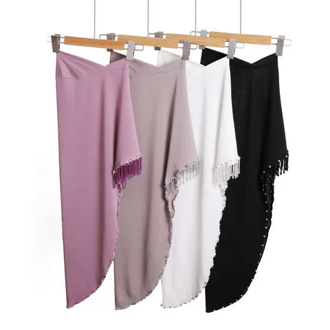 Solid Color Crystal Linen Beaded Tassel Swallowtail Hijab Headscarf Women Muslim Turban Head Cover Fashion Veil Scarf
