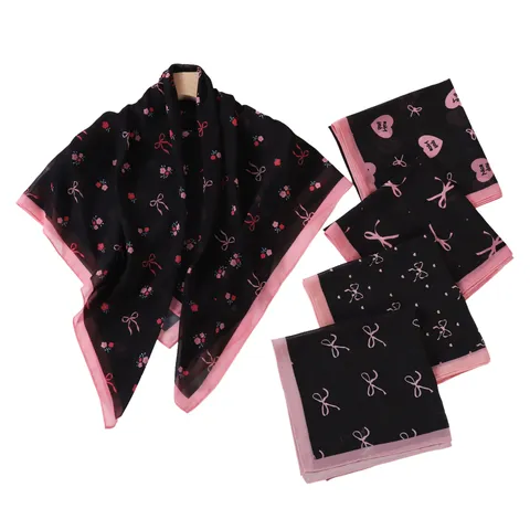 Preppy Style Bow Heart Floral Print Chiffon Square Scarf Women Fashion Head Scarf Shawl Neck Scarf