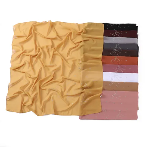 Women Fashion Chiffon Square Scarf Lightweight Breathable Head Scarf Shawl Rhinestone Bowknot Design Daily Neck Scarf