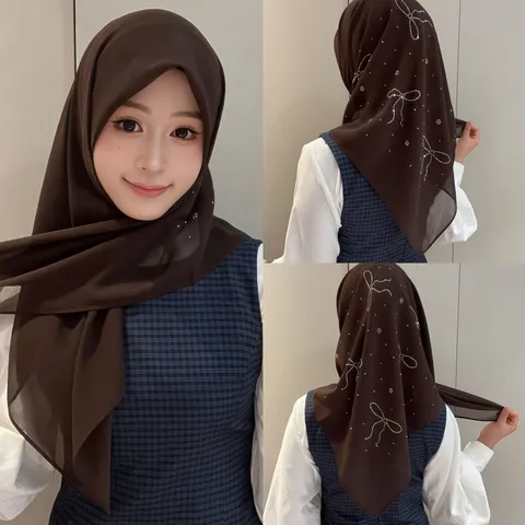 Bow Rhinestone Chiffon Square Scarf Women Solid Color Elegant Head Scarf Neck Wrap Fashion Shawl Accessories
