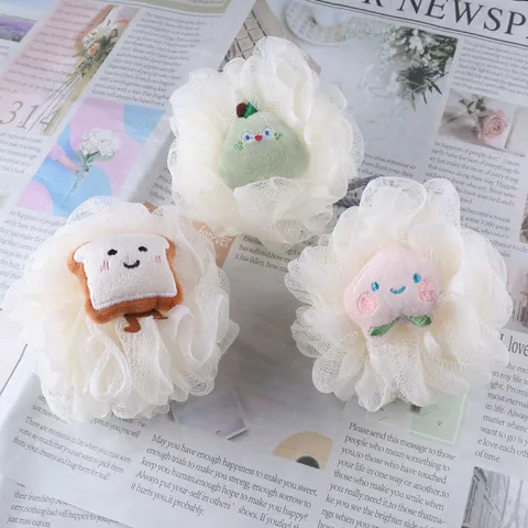 PE Kids Cartoon Fruit Bath Sponge Mesh Pouf Shower Ball Soft Exfoliating Body Scrubber With Lanyard For Bathroom
