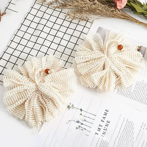 Éponge de Bain en Coton Pur Ramie Naturel Biodégradable Exfoliant Filet Loofah Pochette pour Nettoyage du Corps Douche