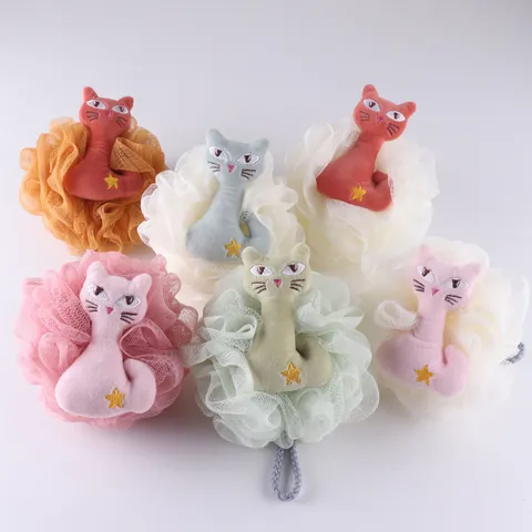 Süßer Cartoon Katze Badeschwamm Weicher Netz Bad Ball Kinder Dusche Luffa Körperwäscher Tier Badeschwamm Zuhause Badezimmer