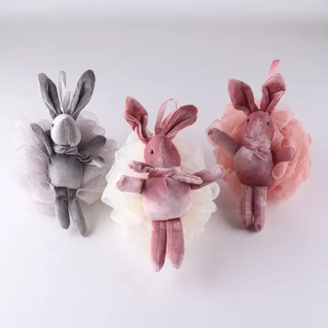 Cute Rabbit Plush Doll Bath Sponge Soft Mesh Exfoliating Bath Ball With Lanyard Shower Body Cleaning Tool