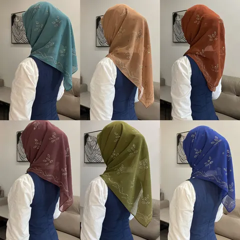 Women Chiffon Square Scarf Lightweight Rhinestone Leaf Print Headscarf Elegant Neck Scarf Shawl For Daily Wear