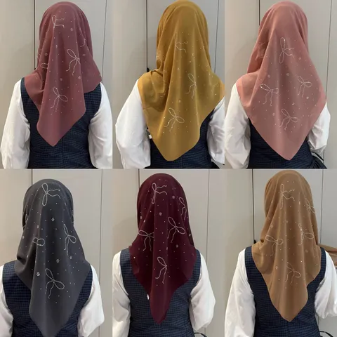Bow Rhinestone Chiffon Square Scarf Women Solid Color Elegant Head Scarf Neck Wrap Fashion Shawl Accessories