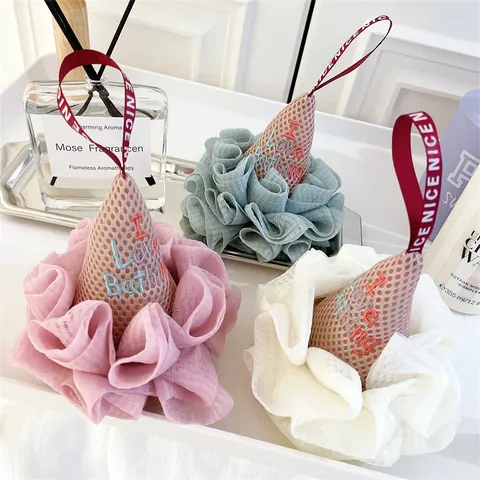 Creative Ice Cream Shaped Bath Sponge Soft Fine Mesh Bath Ball With Hanging Strap For Body Cleaning Home Bathroom Use