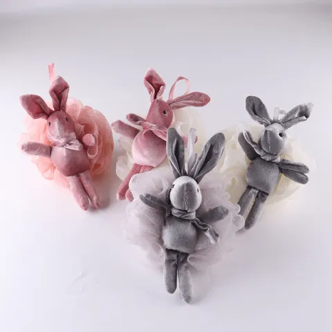 Cute Rabbit Plush Doll Bath Sponge Soft Mesh Exfoliating Bath Ball With Lanyard Shower Body Cleaning Tool