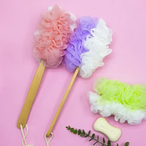 Long Handle Bath Brush With Soft Mesh Pouf Wooden Body Scrubber Exfoliating Back Scrubber For Shower Bathroom Spa