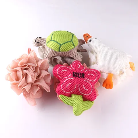 Cartoon Bath Sponge Double Sided Mesh Shower Puff Strawberry Duck Turtle Flower Body Scrubber Bath Ball For Women Kids