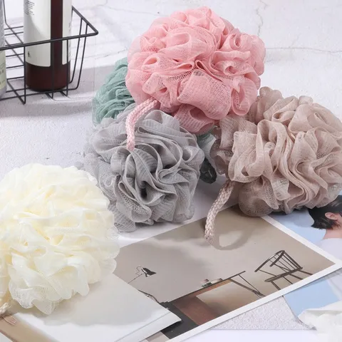 Grande éponge de bain de couleur unie fleur de bain en maille douce long scrubber de dos extensible pouf en maille outil de douche exfoliant pour le corps
