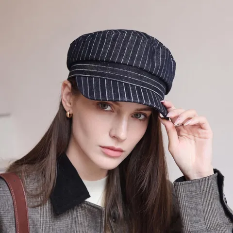 French Retro Striped Flat Cap Men Women Large Head Circumference Ivy Hat Curved Brim Casual Visor Hat Fashion Cap