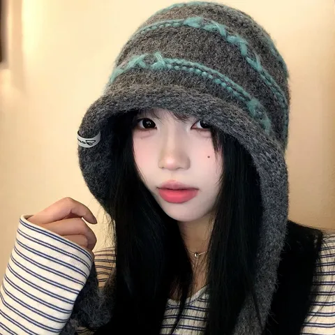 Women's Fall Winter Warm Colorblock Striped Knitted Beanie Hat Tassel Earflap Woolen Cap