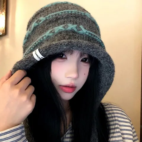 Women's Fall Winter Warm Colorblock Striped Knitted Beanie Hat Tassel Earflap Woolen Cap