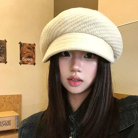Women Winter Warm Wool Beret Hat Solid Color Short Brim Knit Octagonal Painter Cap Fashion Casual Daily Accessories