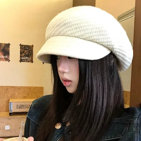 Women Winter Warm Wool Beret Hat Solid Color Short Brim Knit Octagonal Painter Cap Fashion Casual Daily Accessories