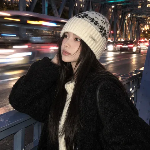 Women Winter Warm Pure Wool Knit Hat Fair Isle Snowflake Pattern Casual Thickened Roll Cuff Beanie Cap
