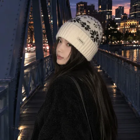 Women Winter Warm Pure Wool Knit Hat Fair Isle Snowflake Pattern Casual Thickened Roll Cuff Beanie Cap
