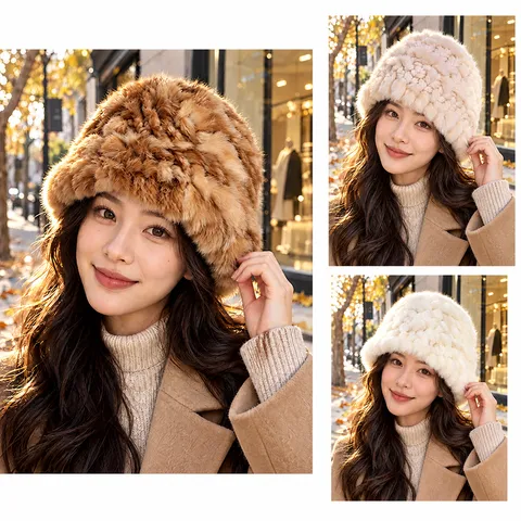 Chapeau Bob d'Hiver Chaud en Fourrure de Lapin pour Femme Bonnet en Peluche Coupe-vent Style Coréen Doux Chapeau de Pêcheur Quotidien