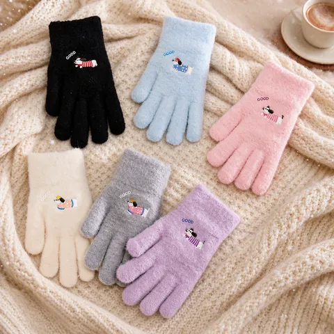 Gants Tricotés Chauds d'Hiver pour Femmes Mignons Broderie de Chiot de Dessin Animé Gants Tactiles Trajet Décontracté Mitaines Thermiques