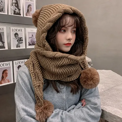 Ensemble Bonnet et Écharpe en Tricot Chaud d'Hiver Femmes Épaissi Mignon Pompon Protection des Oreilles Couleur Unie