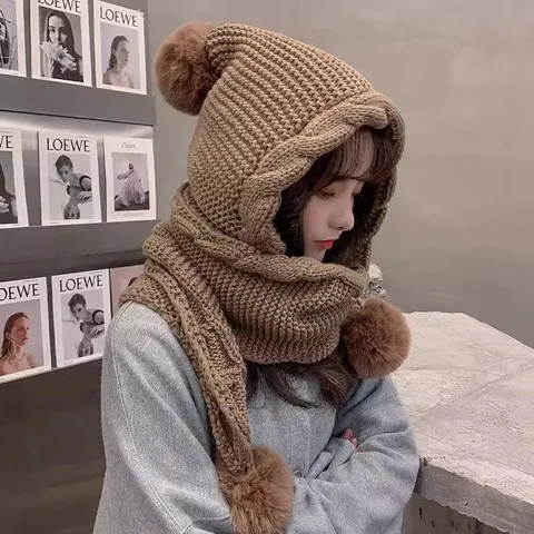 Winter Warm Knit Hat Scarf Set Women Thickened Cute Pom Pom Beanie Ear Protection Solid Color Casual Cap