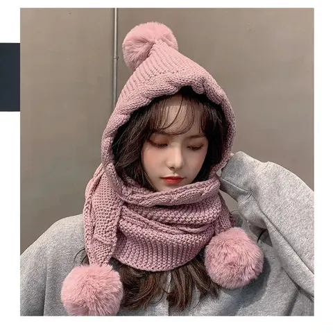 Winter Warm Knit Hat Scarf Set Women Thickened Cute Pom Pom Beanie Ear Protection Solid Color Casual Cap
