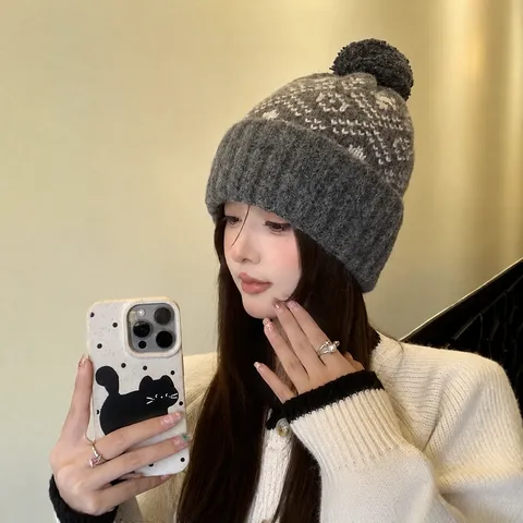 Bonnet d'Hiver Épais pour Femmes Classique Fair Isle Jacquard Pompon Beanie
