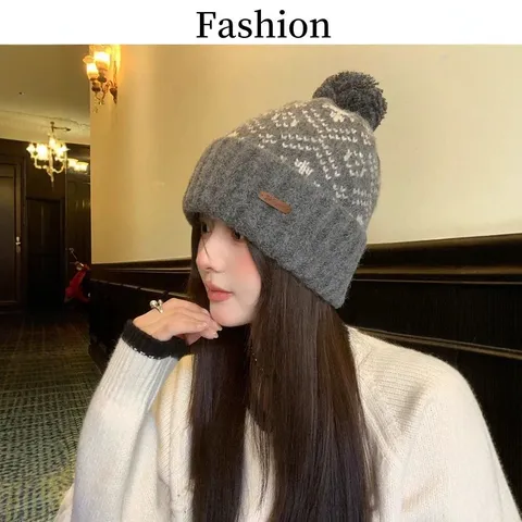 Women's Winter Thick Knit Hat Classic Fair Isle Jacquard Pom Pom Beanie Cap