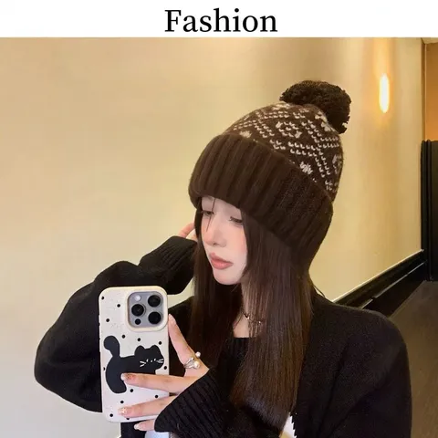 Women's Winter Thick Knit Hat Classic Fair Isle Jacquard Pom Pom Beanie Cap