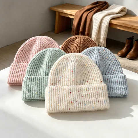 Bonnet en Tricot Épaissi Chaud d'Hiver pour Femmes Minimaliste Couleur Unie Fil Moucheté Casquette Sport Loisir Extérieur