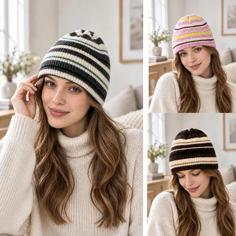 Bonnet en Tricot Rayé Pour Femmes Automne Hiver Chaud Thermique Décontracté Slouchy Skull Cap Style Ins Mode Couvre-chef