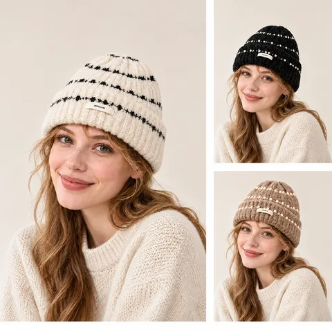 Bonnet Tricoté Épais et Chaud d'Hiver Pour Femmes Hommes Casual Rayé Beanie Manchette Coup-vent Capuchon Mode Coiffure