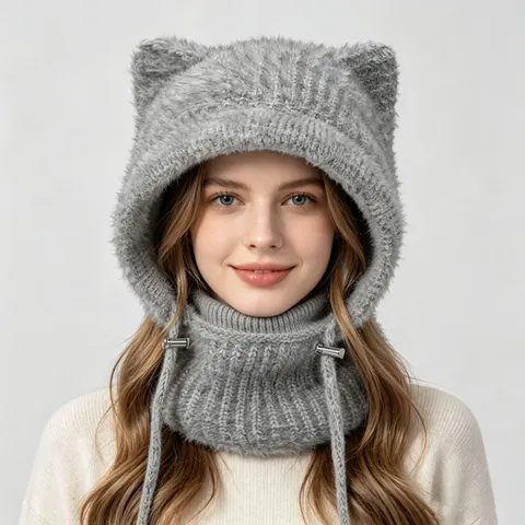 Winter Windproof Warm Knit Balaclava Hat Cute Cat Ear Bib Face Mask Integrated Beanie Cap For Adults