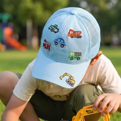 Casquette de Baseball en Maille d'été pour Enfants Excavatrice Voiture Broderie Respirant Chapeau Pare-soleil pour Garçons Filles Extérieur Réglable Trucker Cap