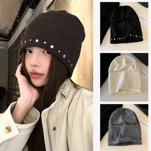 Femmes Américain Vintage Rivet Tricot Bonnet Chapeau Automne Hiver Chaud Slouchy Crâne Casquette Streetwear Mode Couvre-chef