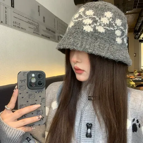 Women Winter Warm Jacquard Knit Bucket Hat Wool Blend Casual Fashion Outdoor Stylish Thickened Fisherman Cap