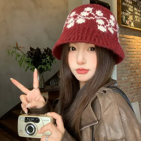 Women Winter Warm Jacquard Knit Bucket Hat Wool Blend Casual Fashion Outdoor Stylish Thickened Fisherman Cap