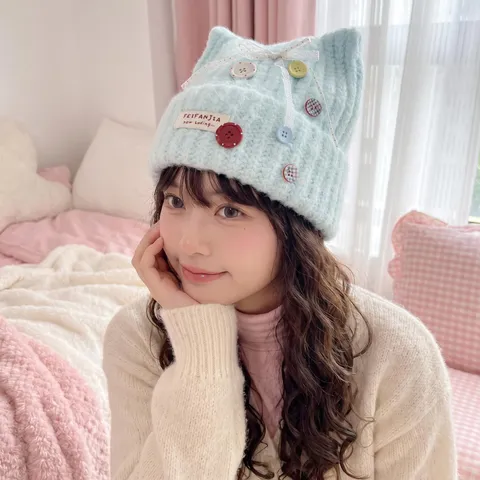 Sweet Cute Cat Ear Knit Hat Women Autumn Winter Warm Beanie Hat Fashion Versatile Ear Protection Skull Cap