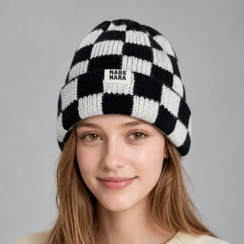 Korean Style High Elastic Jacquard Knit Hat Women Autumn Winter Warm Checkerboard Beanie Hat Adjustable Pullover Cap