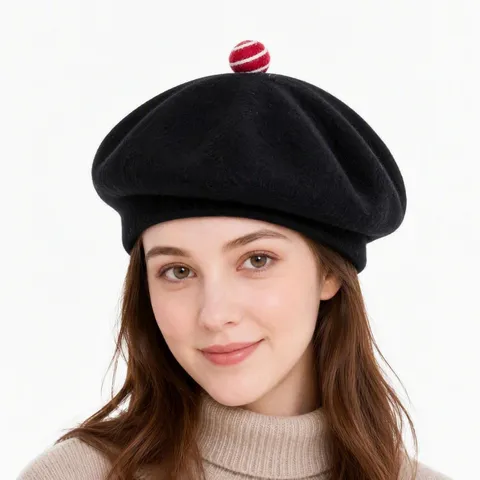 Women Winter Warm Wool Beret Hat Solid Color Vintage French Painter Hat With Cute Pom Pom Chic Daily Beanie Cap