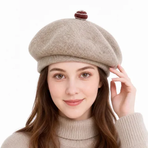 Women Winter Warm Wool Beret Hat Solid Color Vintage French Painter Hat With Cute Pom Pom Chic Daily Beanie Cap