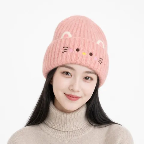 Cute Cat Ear Knit Beanie Hat Winter Warm Windproof Pullover Cap Women Casual Embroidery Cat Face Fashion Headwear