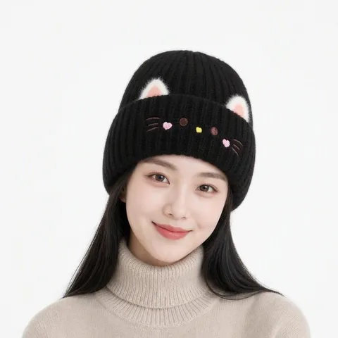 Cute Cat Ear Knit Beanie Hat Winter Warm Windproof Pullover Cap Women Casual Embroidery Cat Face Fashion Headwear