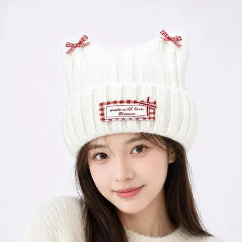 Women Cute Cat Ear Knit Beanie Hat Warm Winter Bowknot Solid Color Soft Headwear