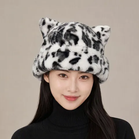 Korean Style Leopard Print Faux Mink Fur Cat Ear Pullover Hat Cute Winter Warm Ear Protection Basin Hat For Women