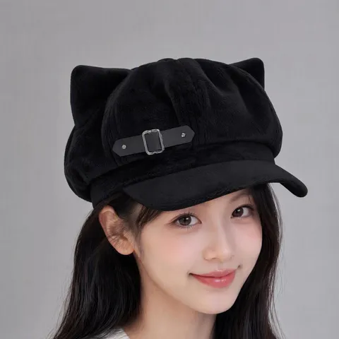 Women's Cute Cat Ear Newsboy Cap Brushed Cotton Octagonal Hat Winter Warm Casual Hat